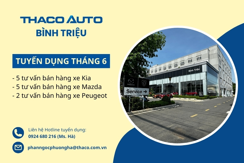 THACO AUTO Bình Triệu tuyển dụng Tư vấn bán hàng xe Kia, Mazda, Peugeot tháng 06/2024