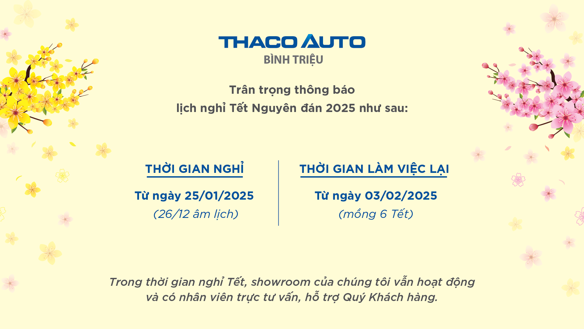 THACO AUTO Bình Triệu trân trọng thông báo lịch nghỉ Tết Nguyên đán 2025