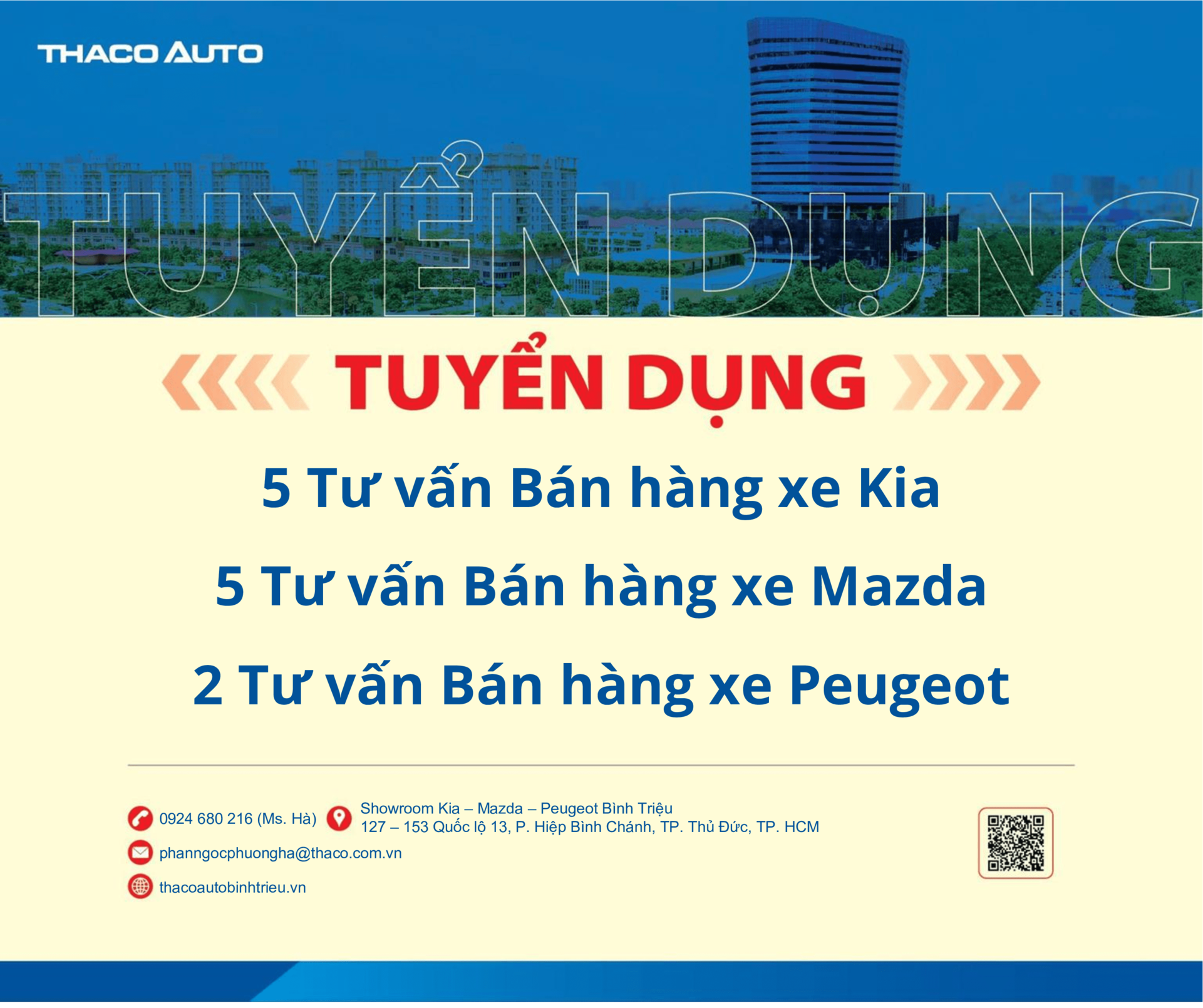 THACO AUTO Bình Triệu tuyển dụng Tư vấn bán hàng xe Kia - Mazda - Peugeot tháng 03/2024